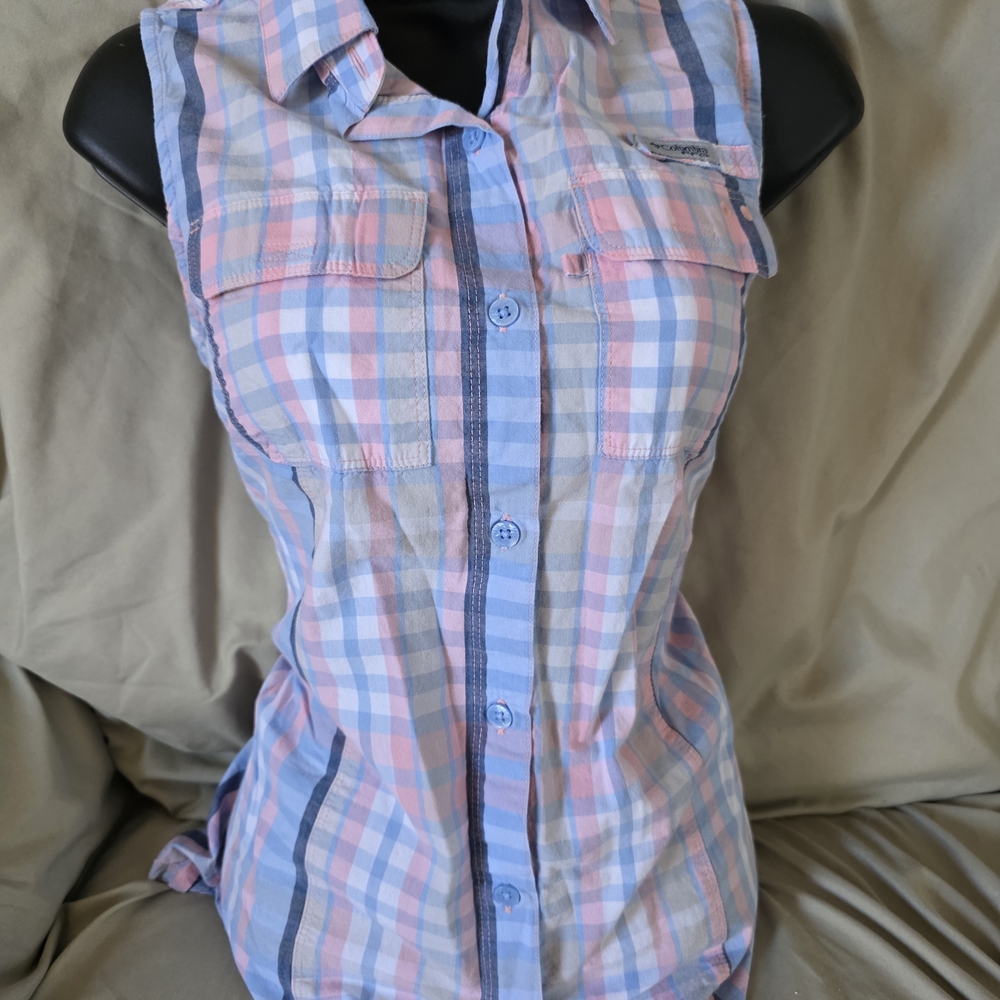Columbia Pink and Blue Plaid Sleeveless Shirt